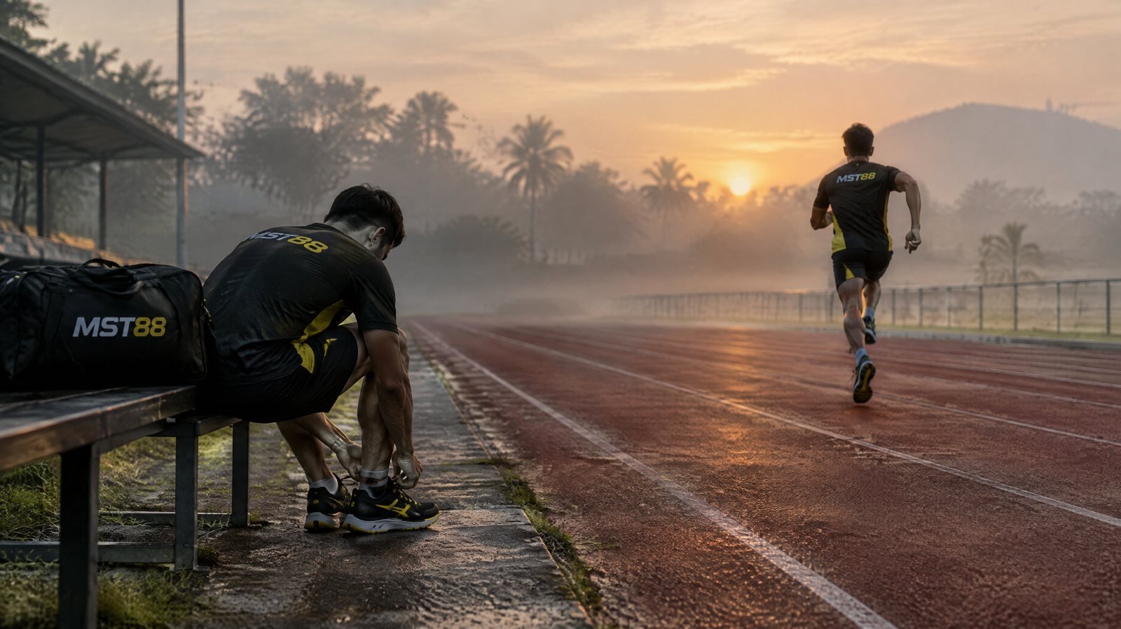 Atletang Pilipino na naghahanda ng sponsorship proposal sa gilid ng track sa madaling-araw