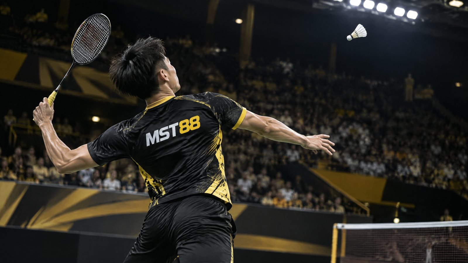 Pemain bulu tangkis melakukan smes di arena indoor yang penuh penonton, ilustrasi sponsor bulu tangkis Indonesia