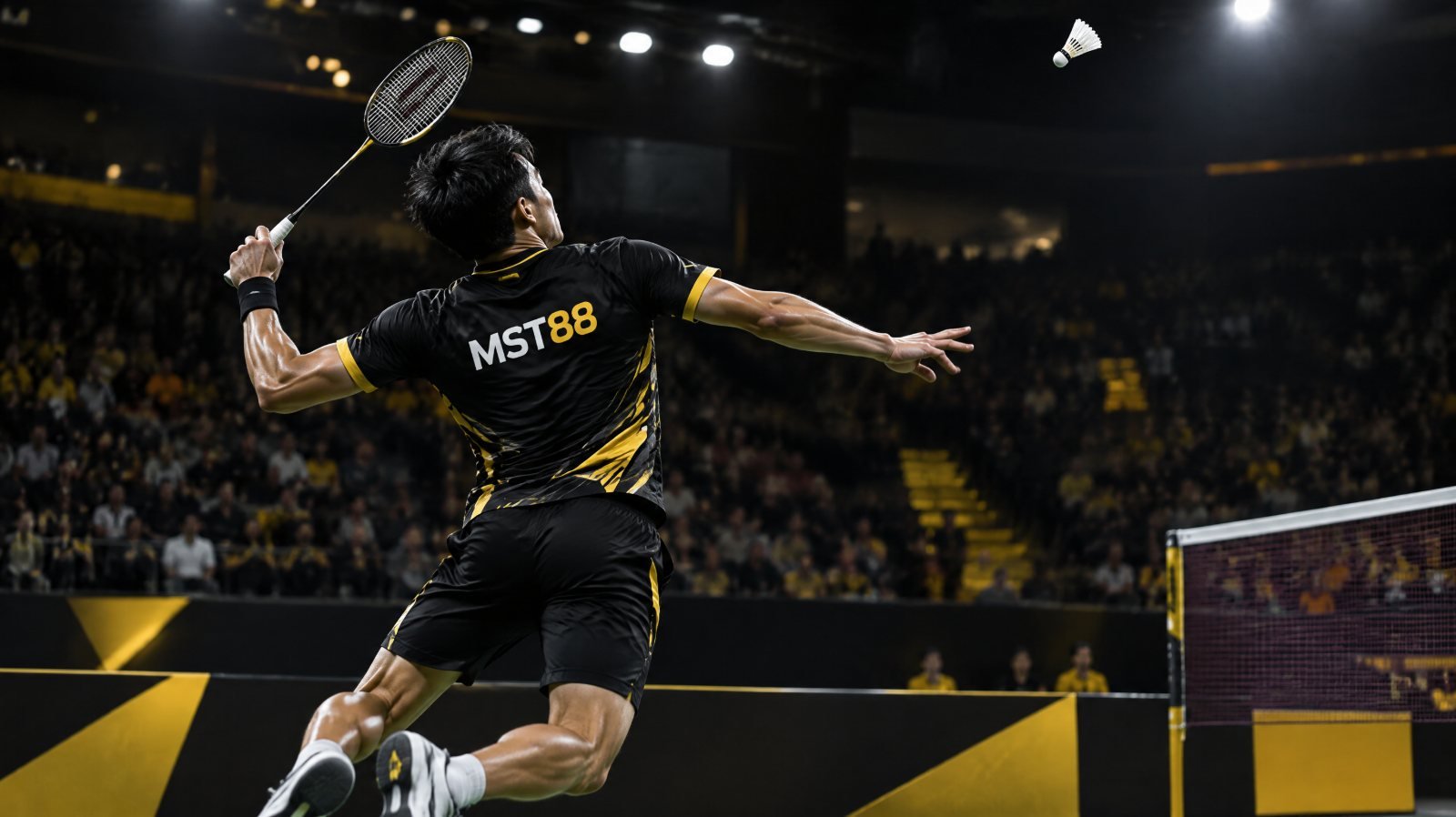 Badminton player smashing a shuttlecock in a Malaysian arena