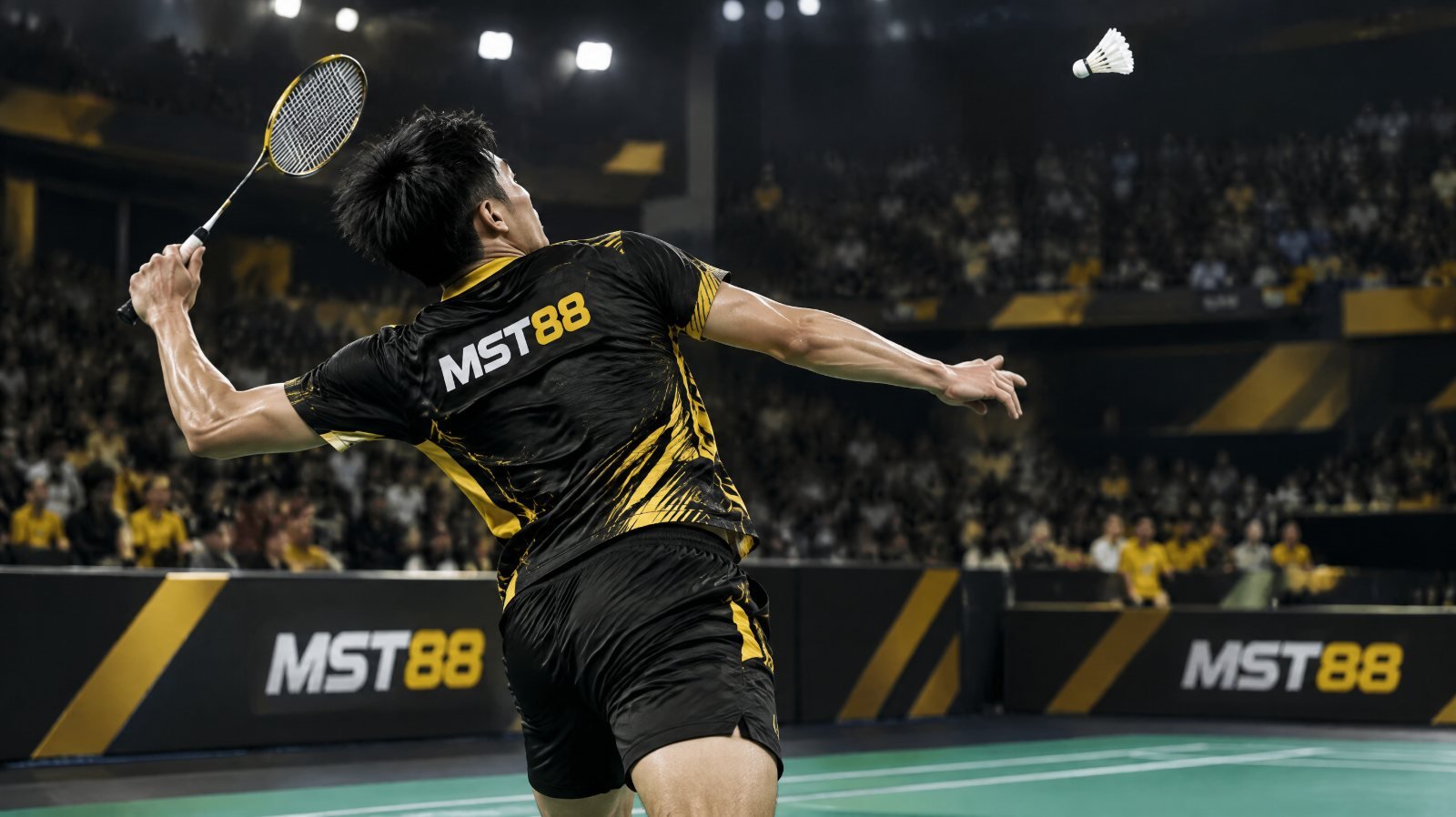 Badminton racket and shuttlecock on an indoor court under arena lights, illustrating Malaysian badminton sponsorship