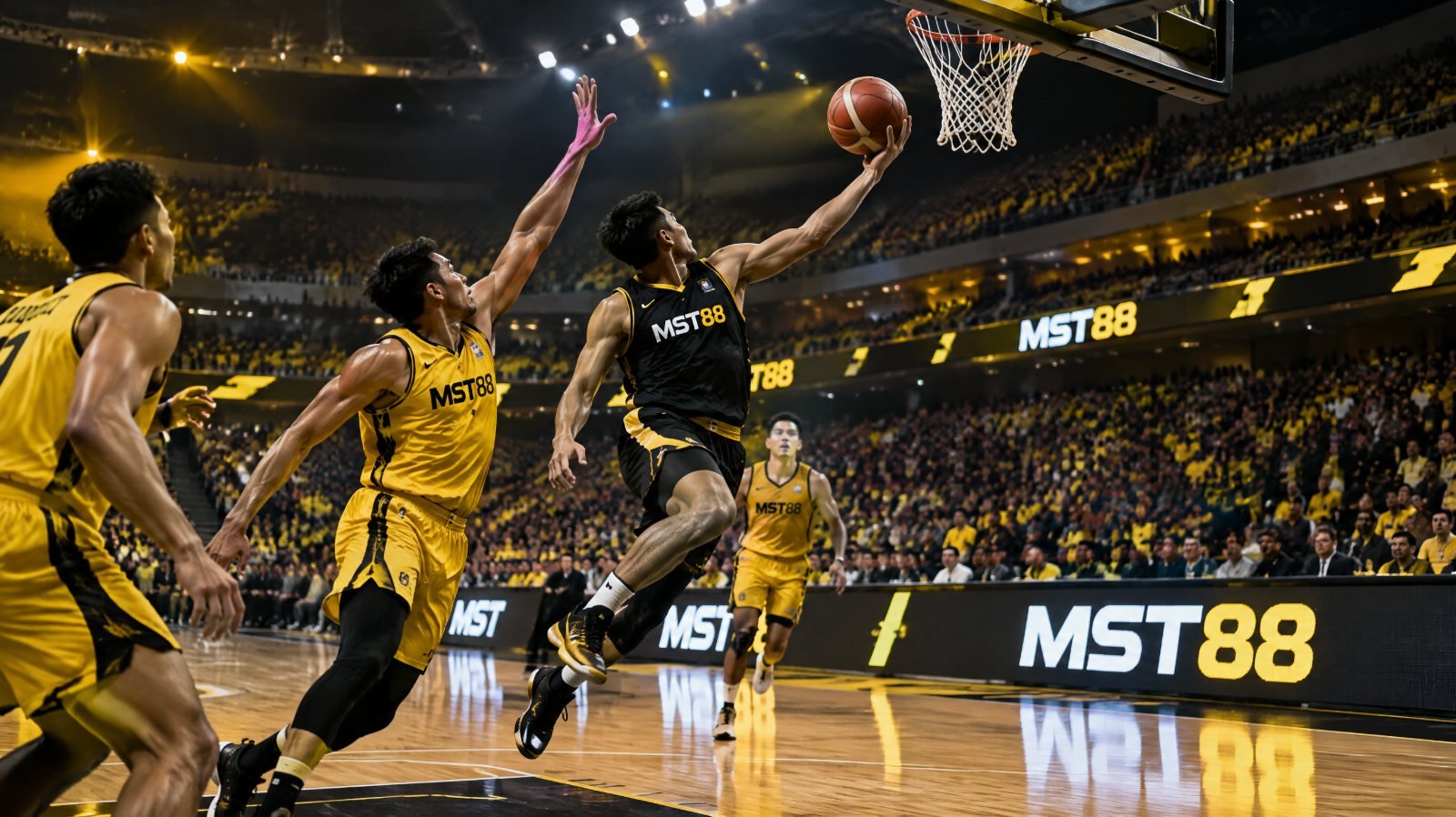 Collegiate basketball game in a bright Philippine arena with a cheering student crowd