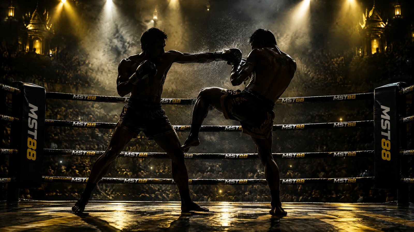 เวทีมวยไทยภายใต้แสงไฟ เชือกสีเหลืองและแดง พร้อมกางเกงมวยแขวนที่เสามุม
