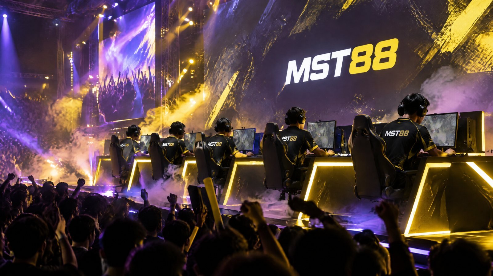 Esports arena stage with team booths and a crowd under purple lights, illustrating MPL MY Season 18
