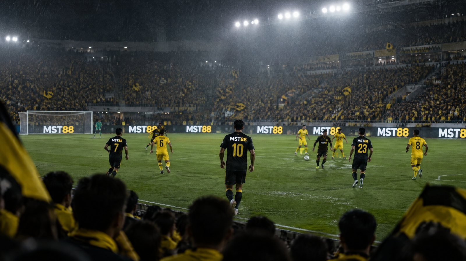 สนามฟุตบอลไทยลีกยามค่ำคืนเต็มไปด้วยแฟนบอล ป้ายโฆษณาข้างสนามเปิดไฟสว่าง