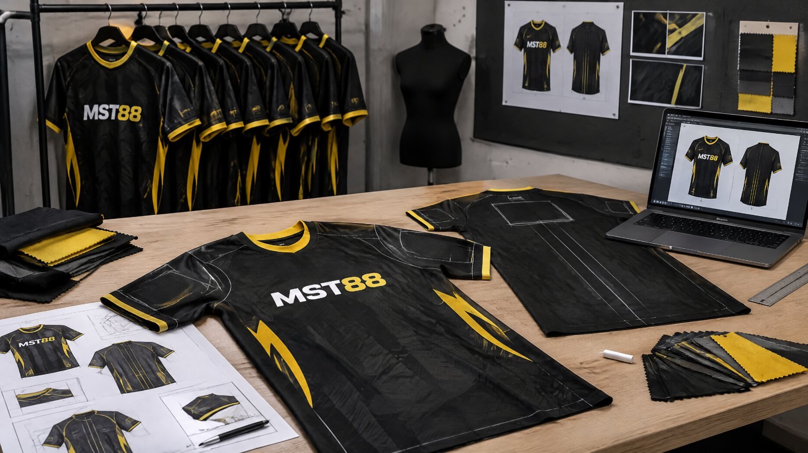 Black football shirt with yellow and red trim hanging in a dressing room