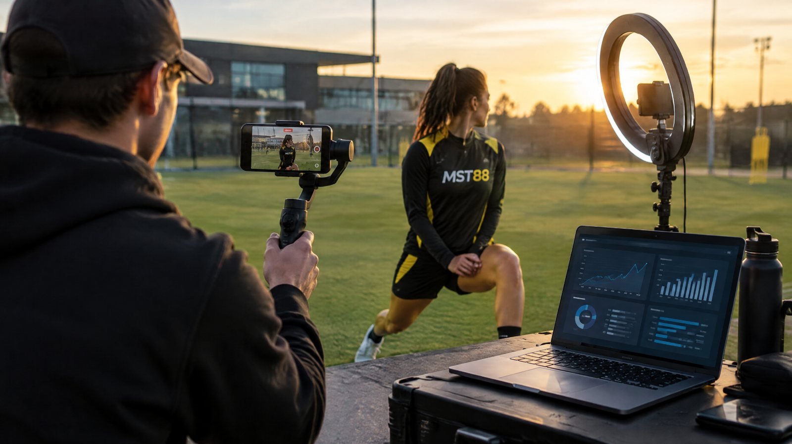 An athlete filming social media content in an arena next to a laptop showing analytics charts