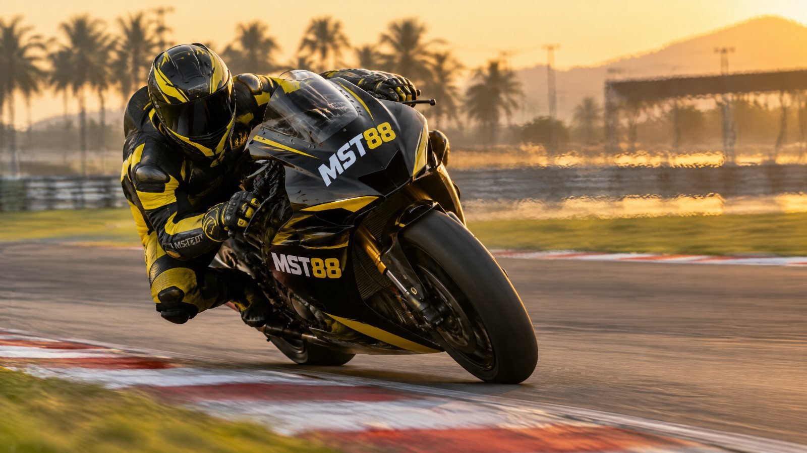 Racing motorcycle with black, yellow and red livery cornering at a tropical circuit