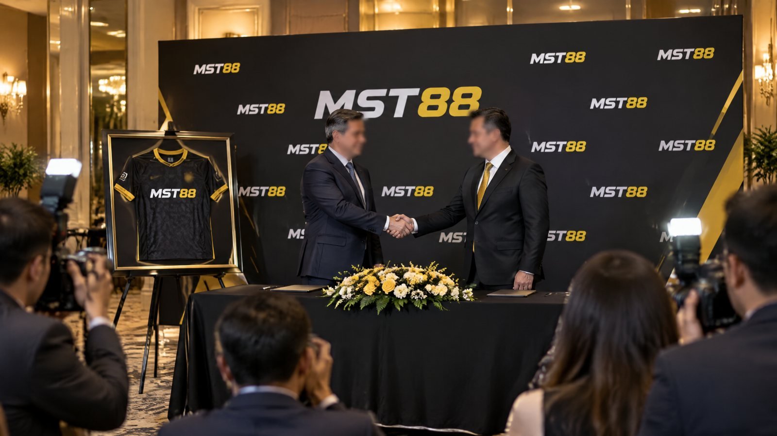 Ruang rapat tim pemasaran dengan jersey tanpa merek dan stadion sepak bola di latar belakang, menggambarkan proses kesepakatan sponsor olahraga