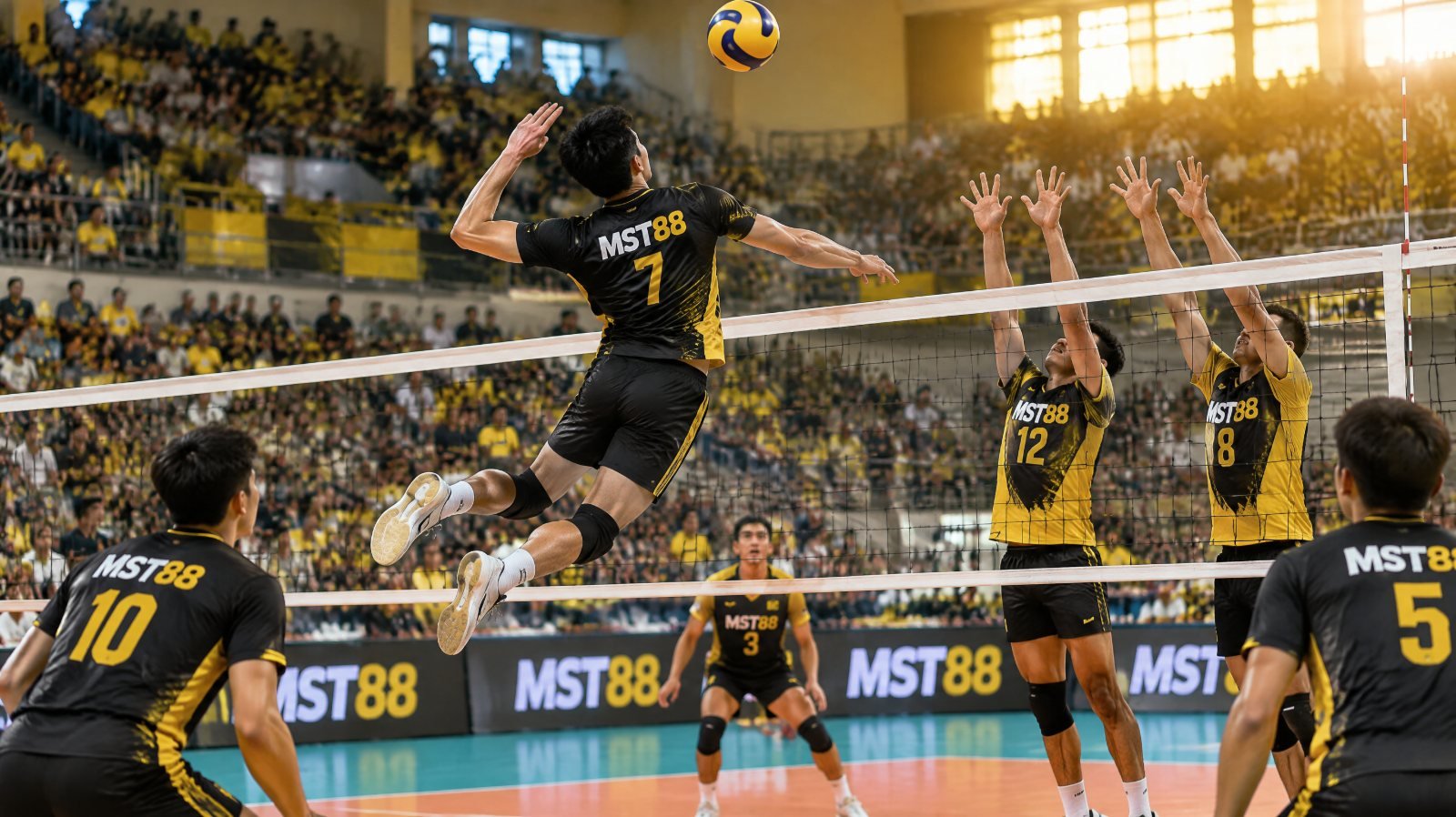 Pemain voli putri melakukan smash di arena indoor yang penuh penonton dengan papan LED di pinggir lapangan